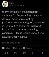 David on X: We've increased the simulation distance for Bedrock